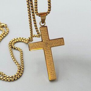 Plated Stainless Steel Large Cross Pendant Necklace The Lord's Prayer 24" Chain